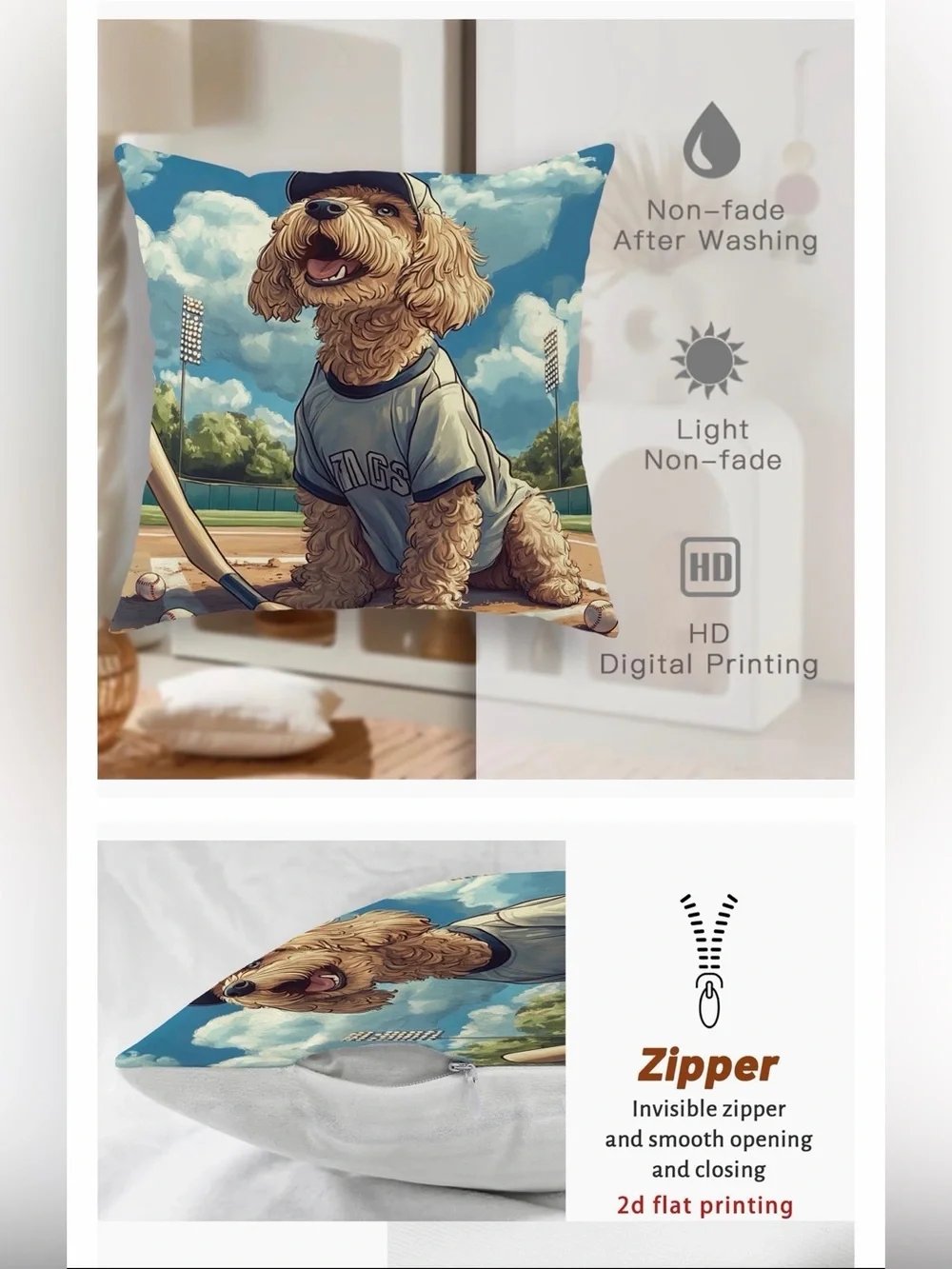 NWT Labradoodle Cute Pillow Cover Baseball Print 18x18
